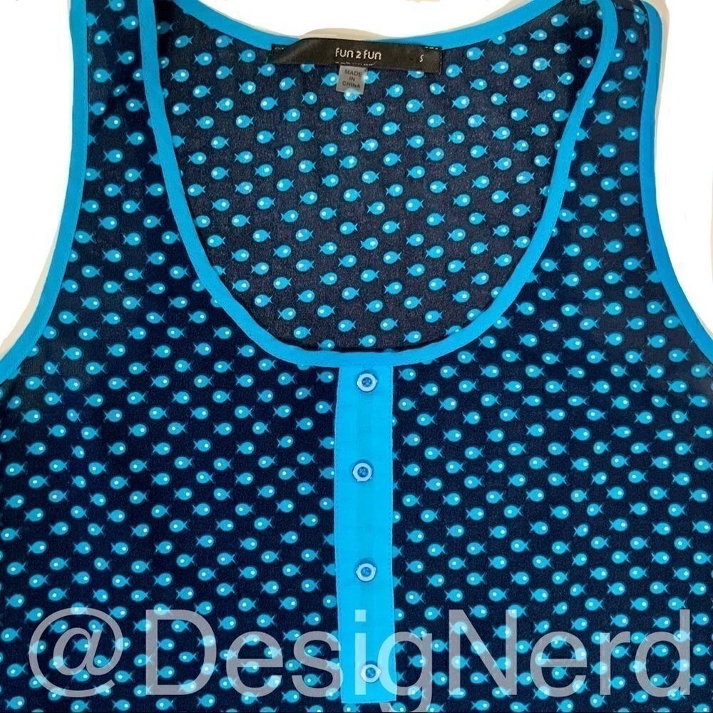 MODCLOTH RACERBACK HENLEY TANK TOP IN BLUE FISH TINY PRINT WOMEN’S SIZE SMALL - Picture 3 of 10